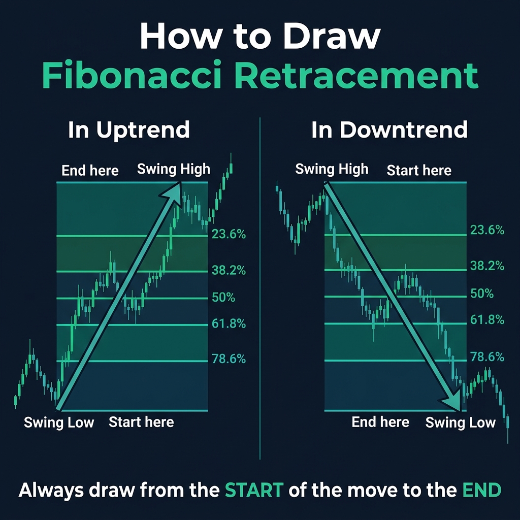 How to draw Fibonacci retracement — from swing low to swing high in uptrend, and vice versa in downtrend