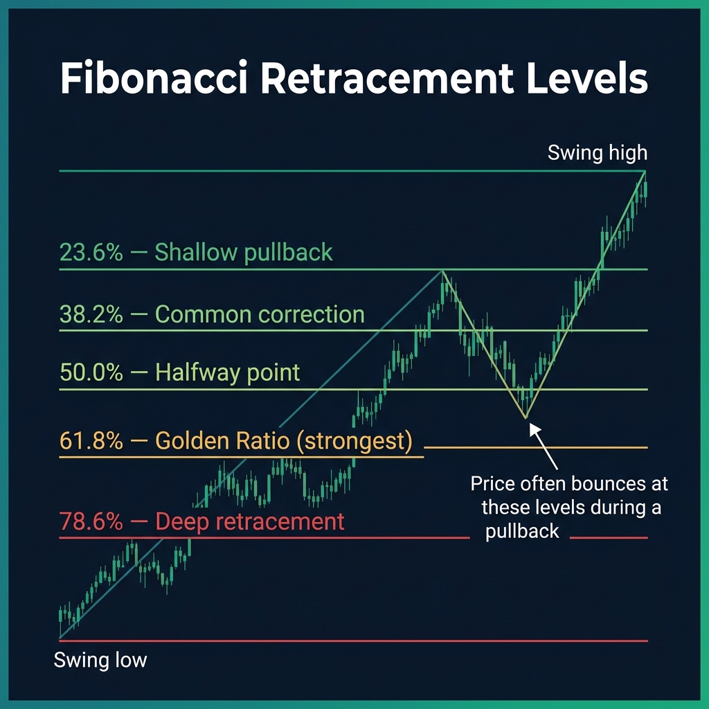 Fibonacci retracement levels from 23.6% to 78.6% showing where price tends to bounce during pullbacks