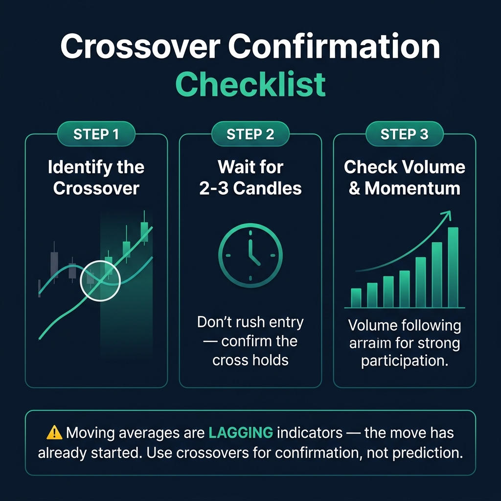Crossover confirmation checklist — identify, wait, confirm with volume