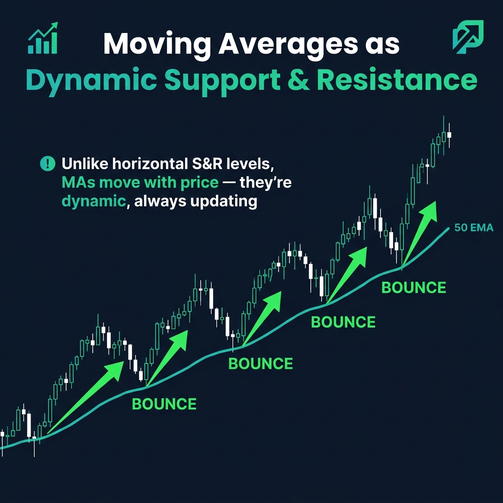 Moving average acting as dynamic support — price repeatedly bounces off the 50 EMA in an uptrend