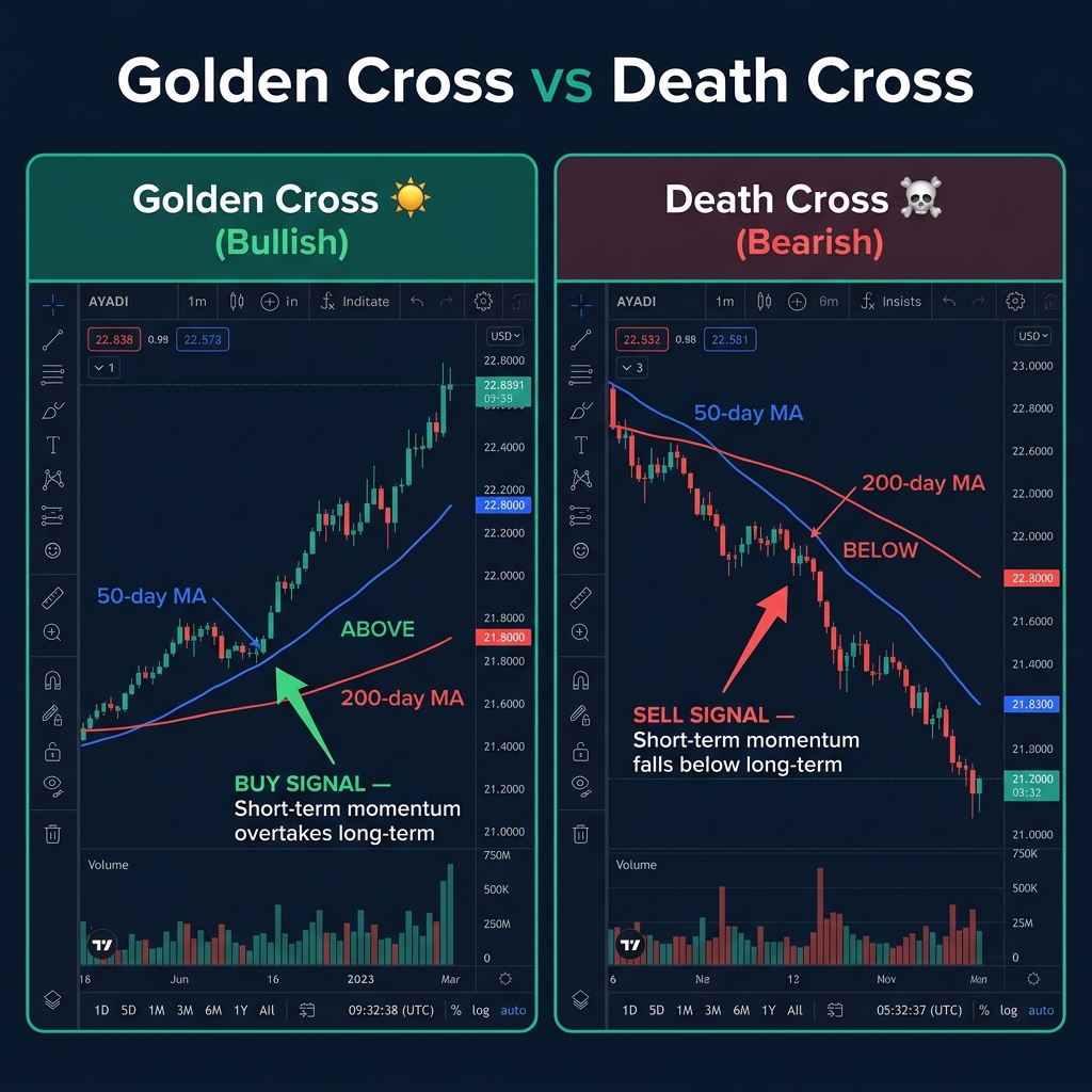 Golden Cross (50 MA crosses above 200 MA = bullish) vs Death Cross (50 MA crosses below 200 MA = bearish)