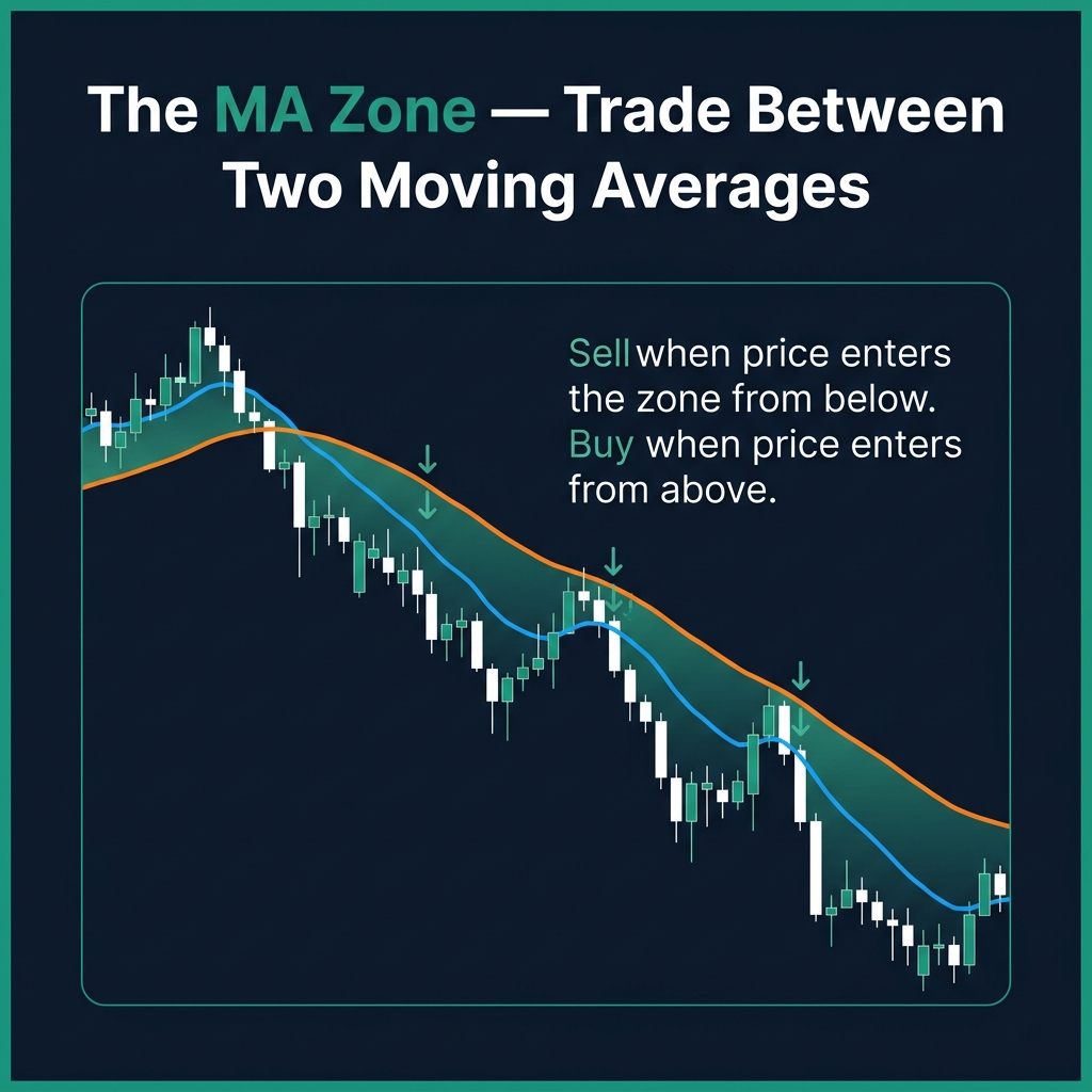 Trading the zone between two moving averages — the area between 10 EMA and 20 EMA creates a dynamic zone