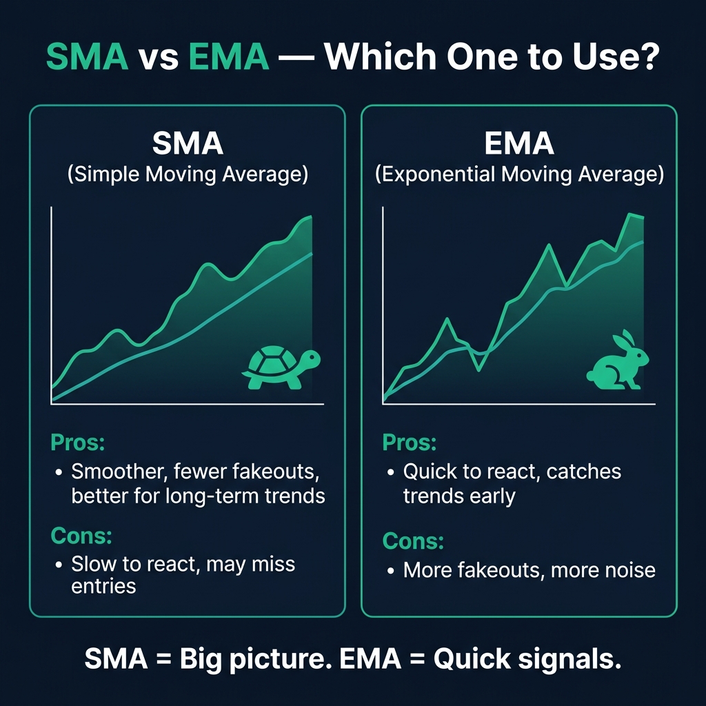 SMA vs EMA comparison — SMA is smoother and slower, EMA is faster and more responsive