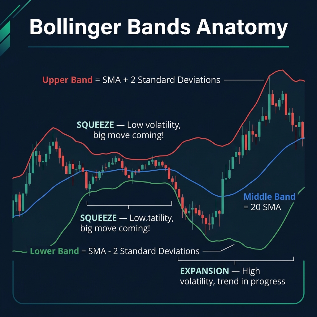 Bollinger Bands with upper band, middle band (20 SMA), and lower band showing squeeze and expansion