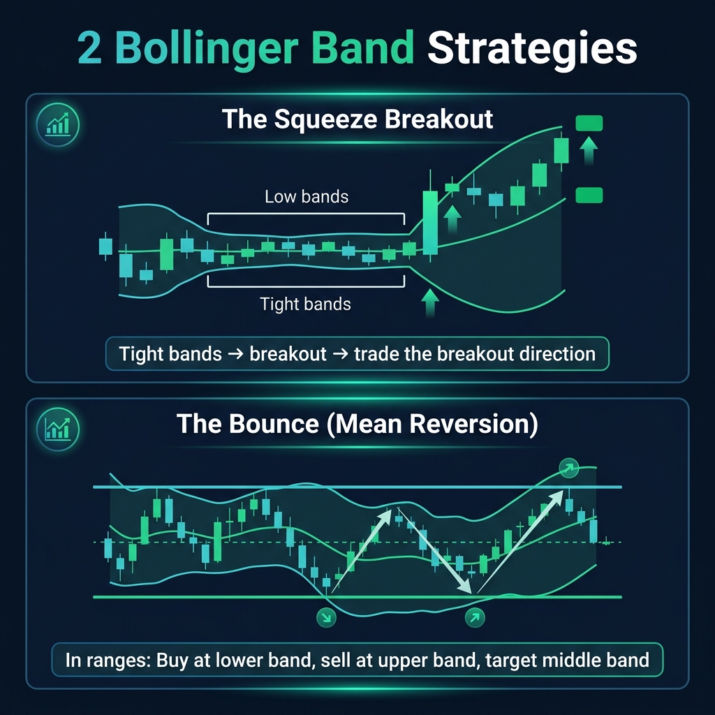 Two Bollinger Band strategies — Squeeze Breakout and Bounce (Mean Reversion)