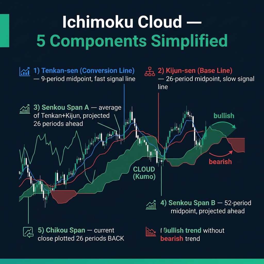 Ichimoku Cloud with 5 components — Tenkan, Kijun, Senkou A, Senkou B, and Chikou Span