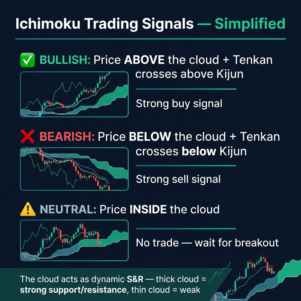 Ichimoku signals — bullish above cloud, bearish below cloud, neutral inside cloud