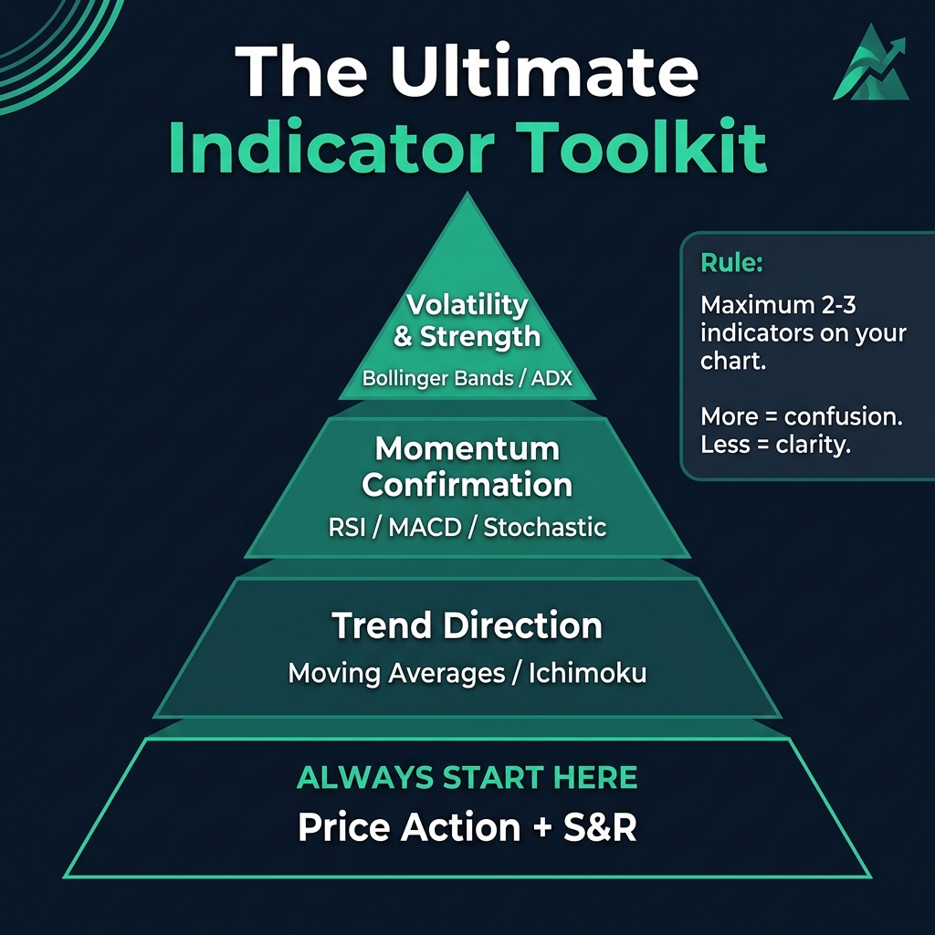 The indicator pyramid — price action as foundation, then trend, momentum, and volatility layers