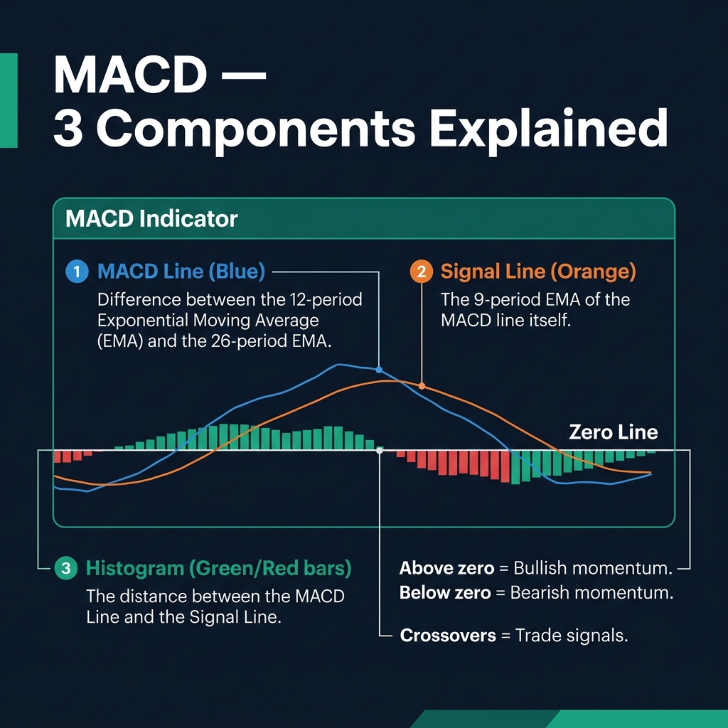 MACD indicator with three components — MACD Line, Signal Line, and Histogram