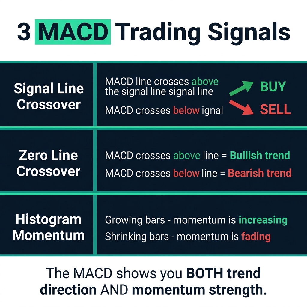 Three MACD trading signals — signal line crossover, zero line crossover, and histogram momentum