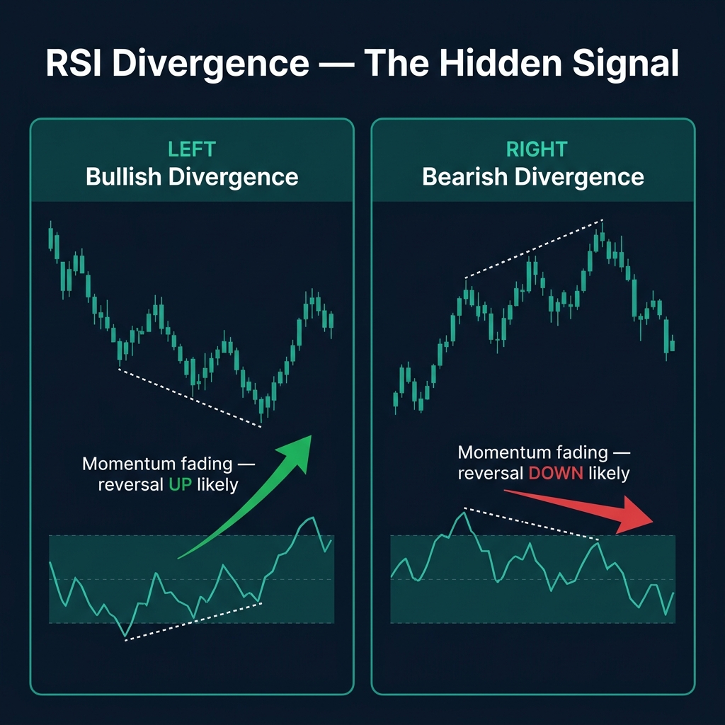 Bullish and bearish RSI divergence — when price and RSI disagree, a reversal is likely