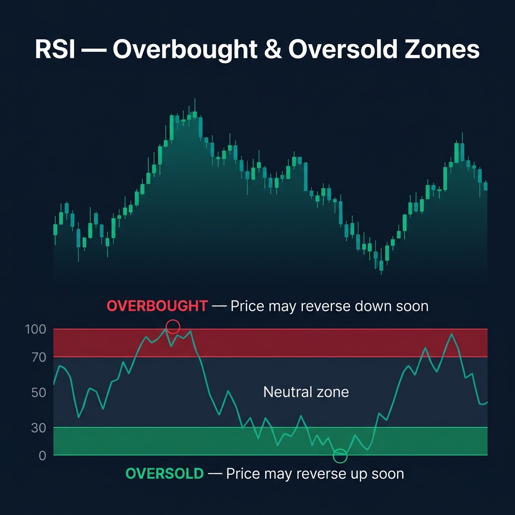 RSI oscillator showing overbought zone above 70 and oversold zone below 30