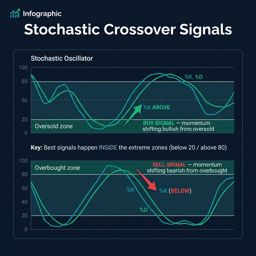 Stochastic crossover signals — buy when %K crosses above %D in oversold, sell in overbought