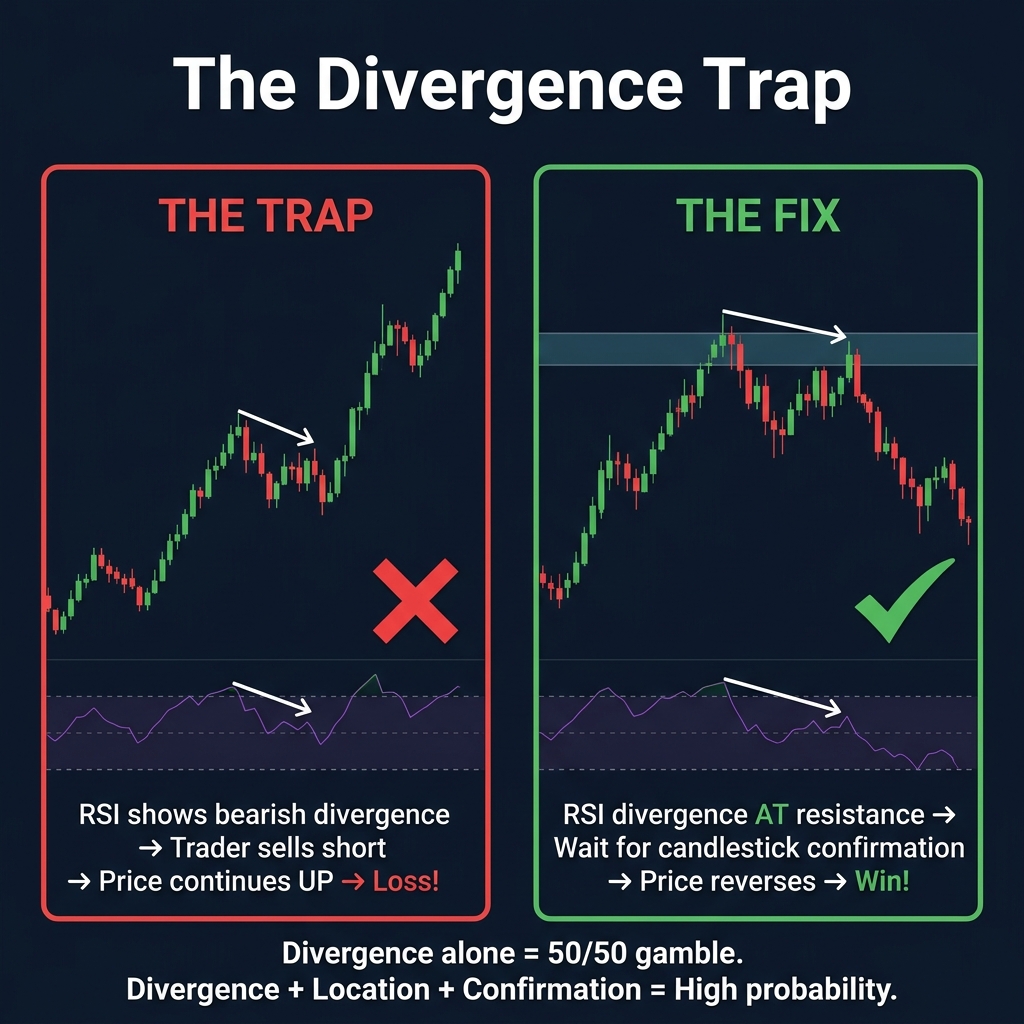 Divergence alone is a 50/50 gamble — you need location and confirmation