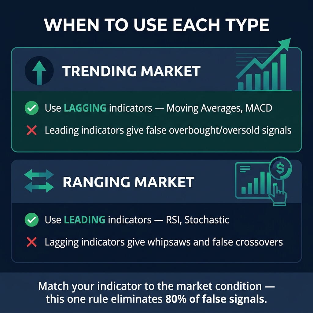 Use lagging indicators in trending markets and leading indicators in ranging markets