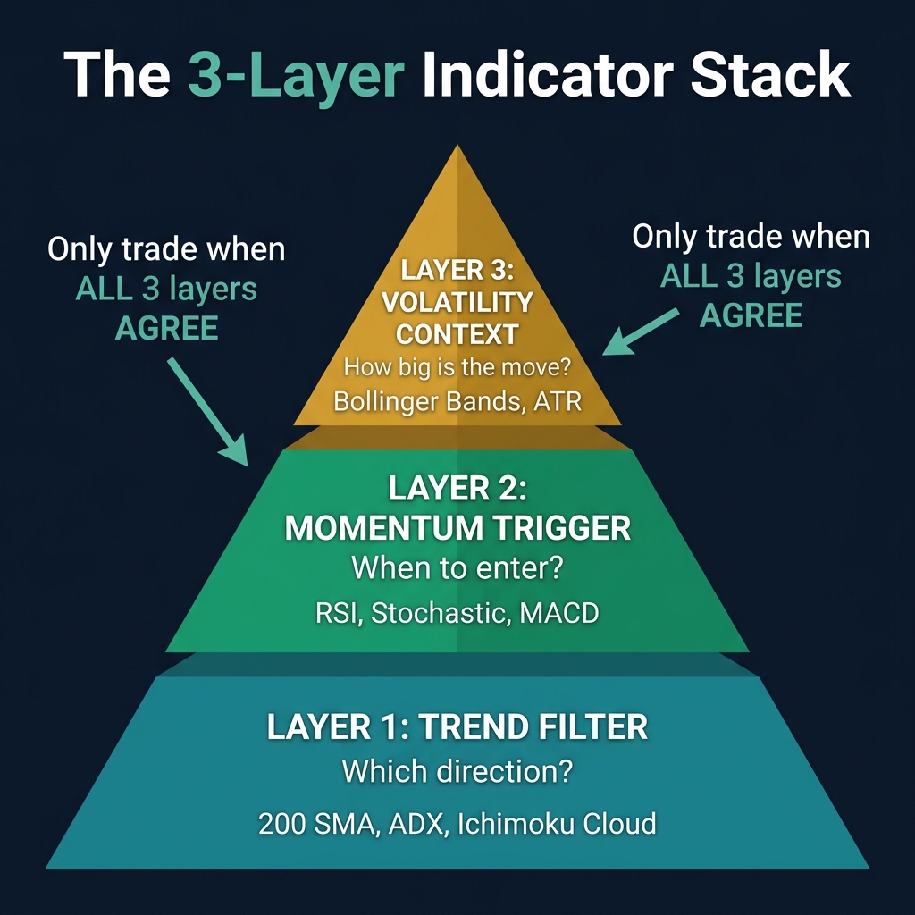 The 3-layer indicator stack — trend filter, momentum trigger, and volatility context