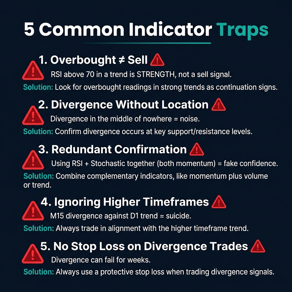 Five common indicator traps — overbought selling, divergence without location, redundant confirmation, ignoring timeframes, no stop loss