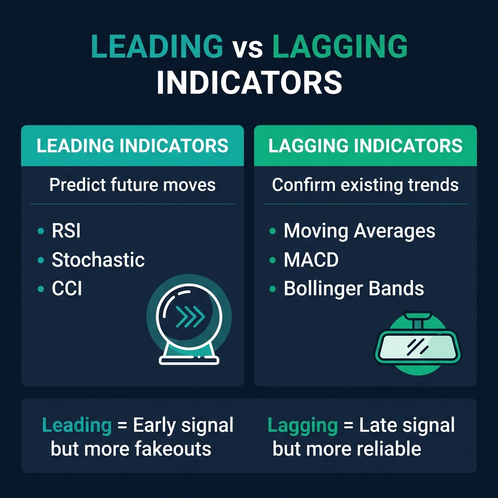 Leading indicators predict future moves while lagging indicators confirm existing trends