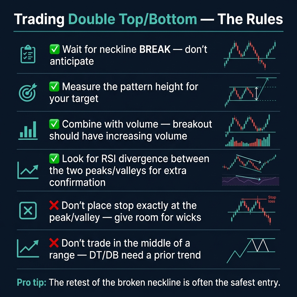 Trading rules for Double Top and Double Bottom — wait for neckline break, measure height for target