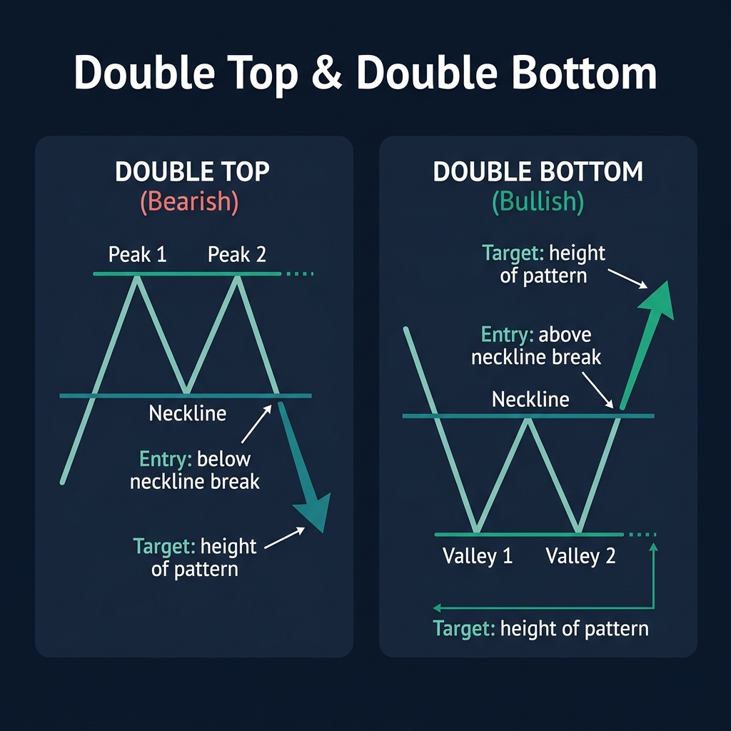 Double Top is M-shaped bearish reversal, Double Bottom is W-shaped bullish reversal