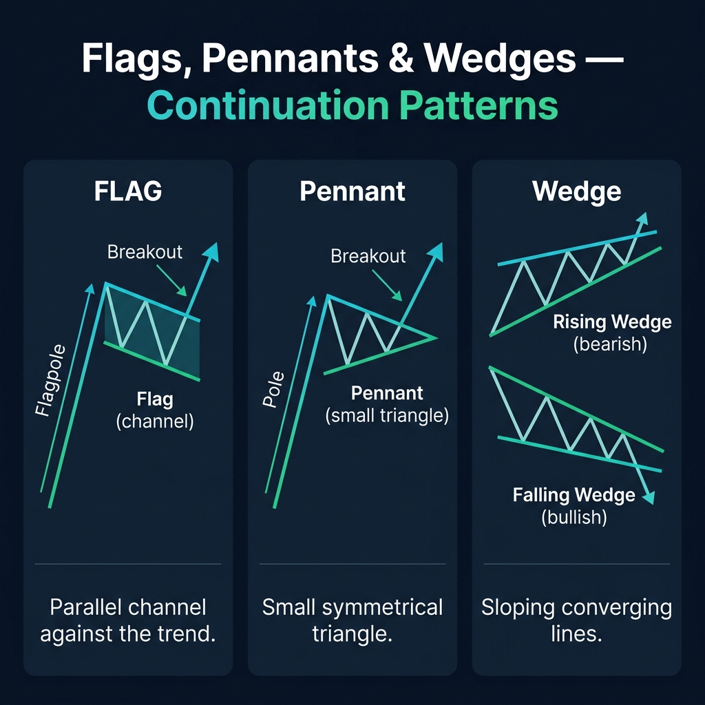 Three continuation patterns — flags (parallel channel), pennants (small triangle), and wedges (converging sloped lines)