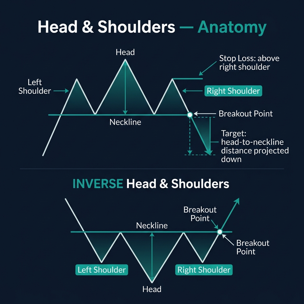 Head and Shoulders pattern with labeled components — left shoulder, head, right shoulder, neckline, and breakout point