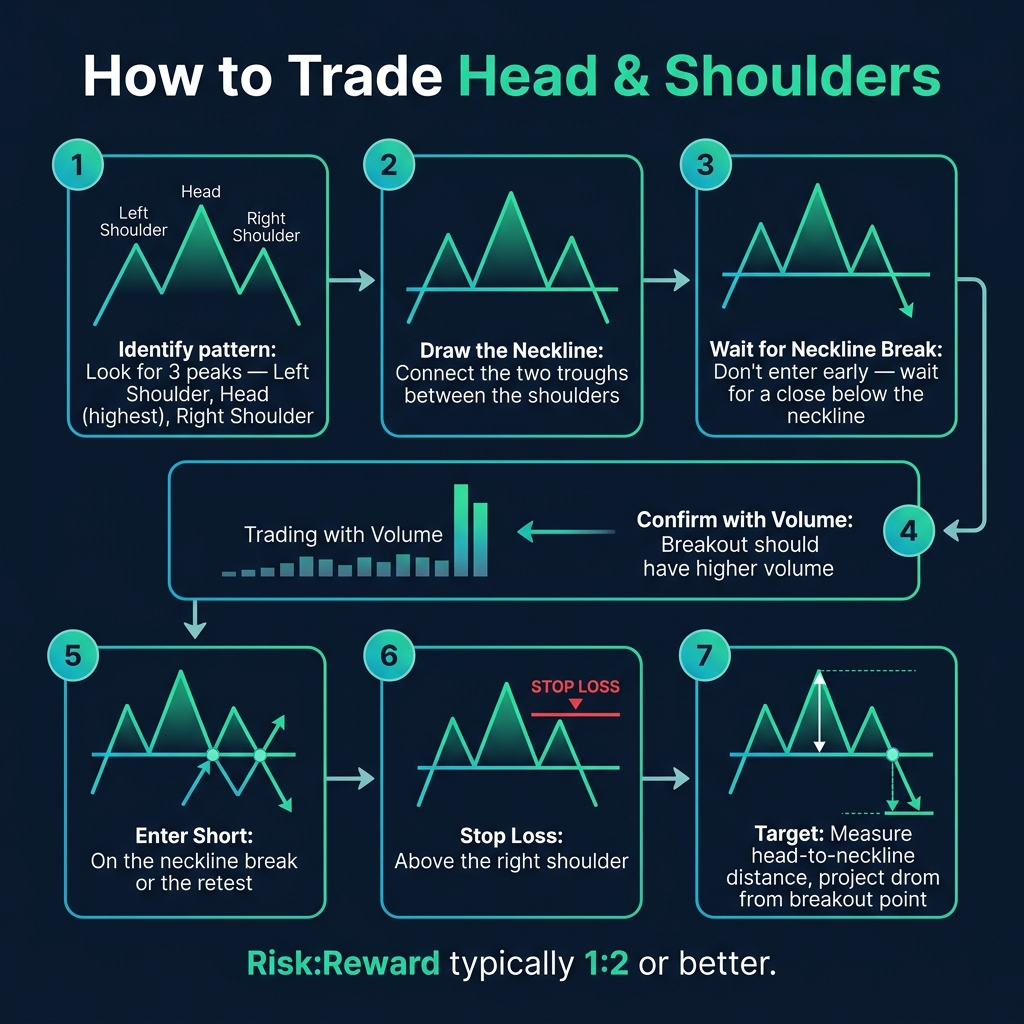 Step-by-step trading process for Head and Shoulders pattern — entry, stop loss, target