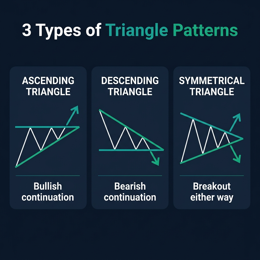 Three types of triangle patterns — ascending, descending, and symmetrical