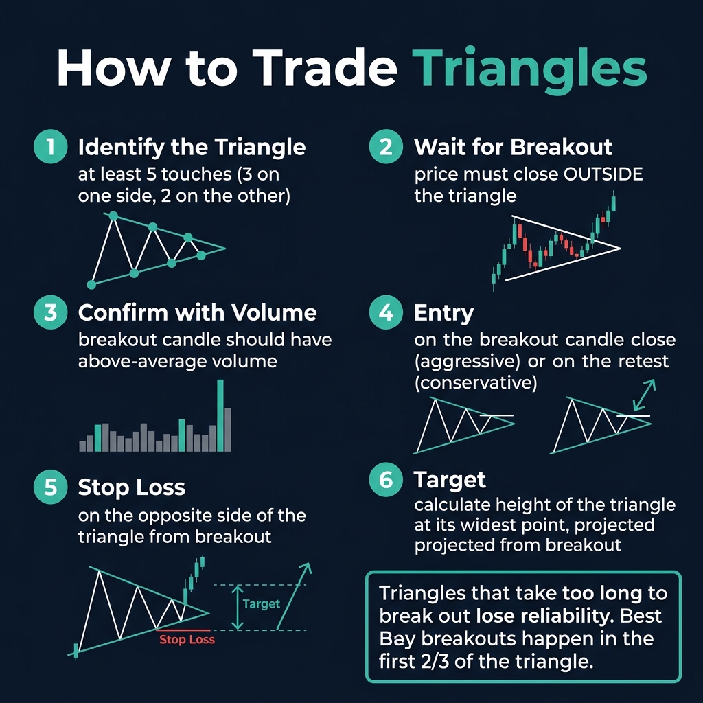 Step-by-step rules for trading triangle patterns — entry, stop, target