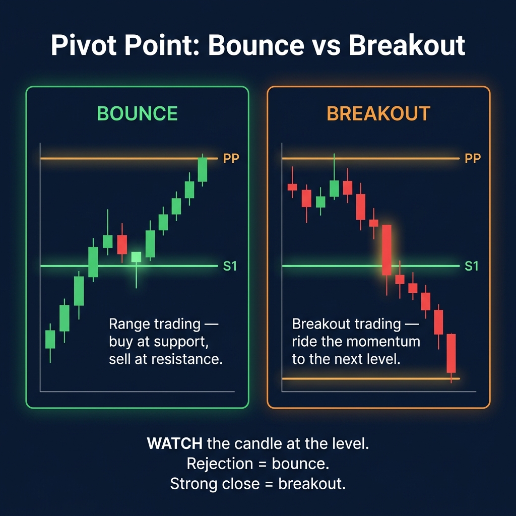 Pivot Point Bounce vs Breakout showing range trading vs momentum breakout setups