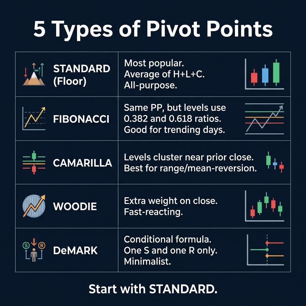 5 Types of Pivot Points including Standard, Fibonacci, Camarilla, Woodie, and DeMark
