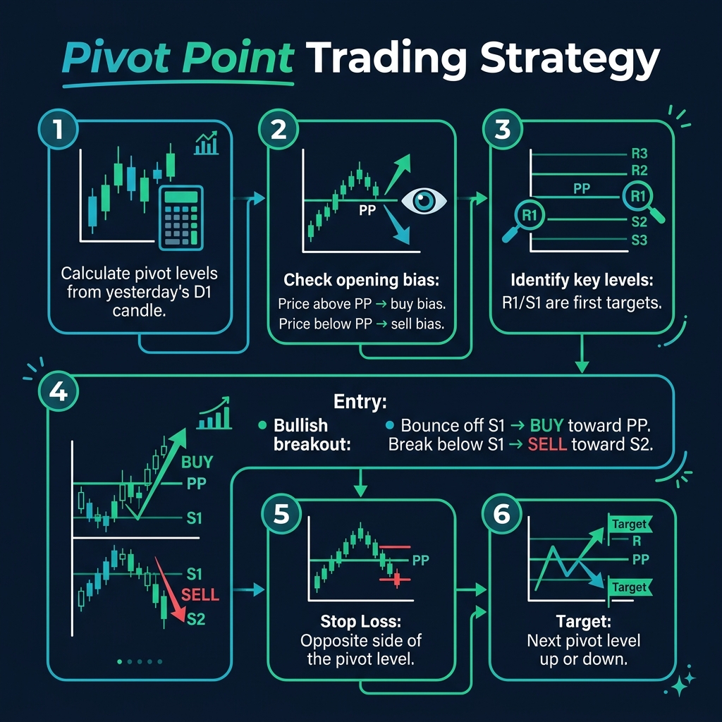 Pivot Point Trading Strategy step-by-step flowchart showing bias, levels, entries, and targets
