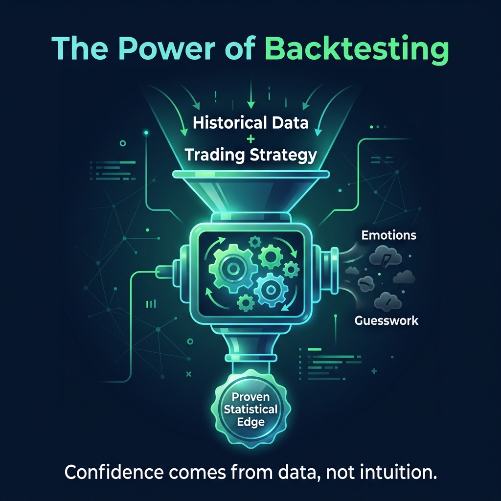 The Power of Backtesting showing data + strategy converting into a proven statistical edge