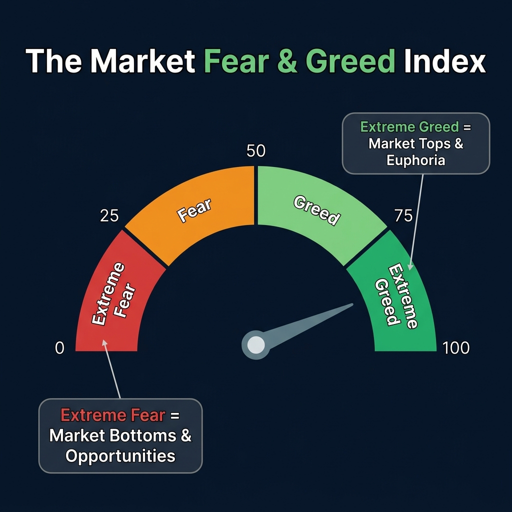 Market Fear and Greed Index gauge from 0 to 100