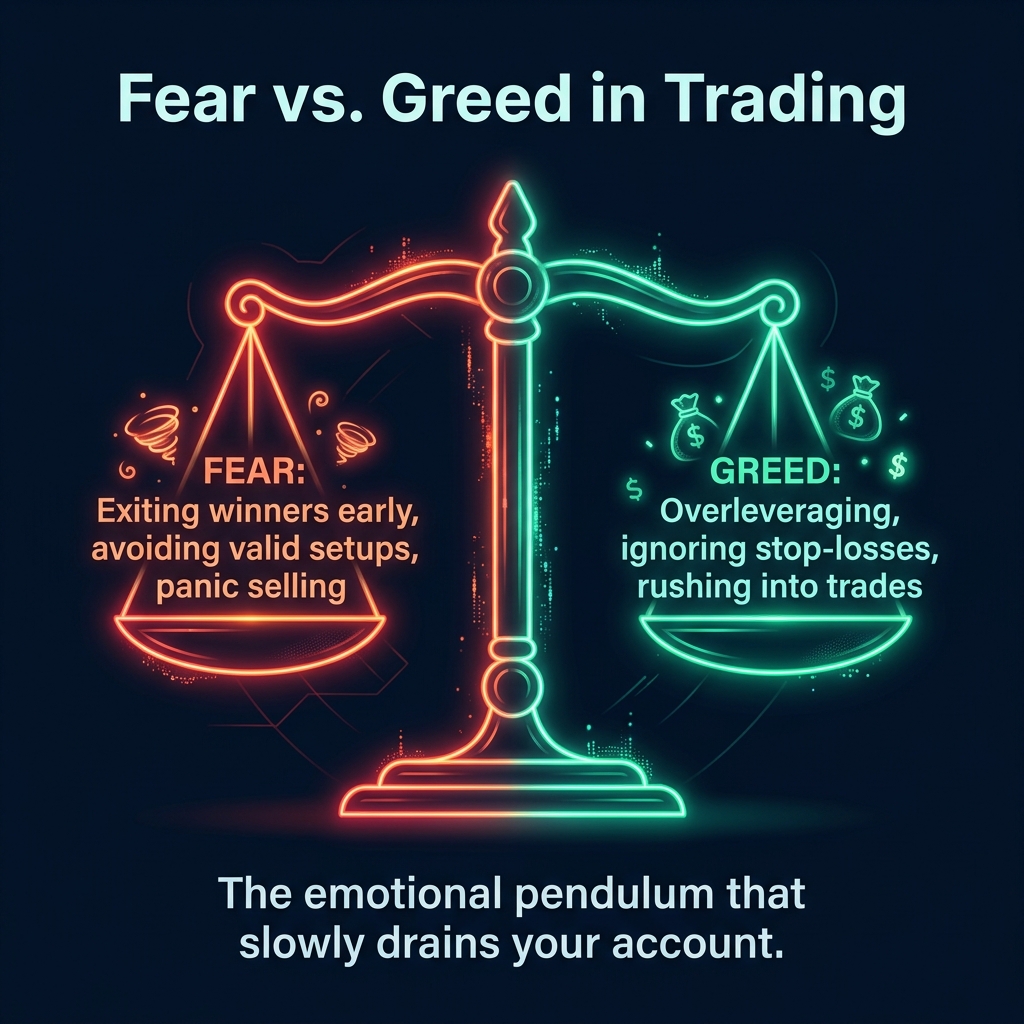Fear vs Greed Scale showing how both extremes lead to trading losses
