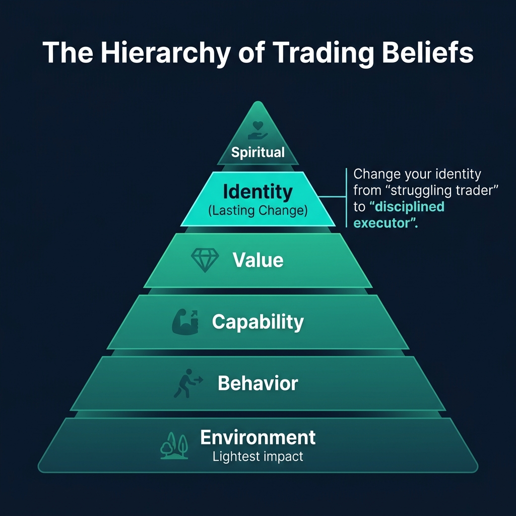 Hierarchy of Beliefs pyramid showing Identity as the key hack to lasting disciplinary change