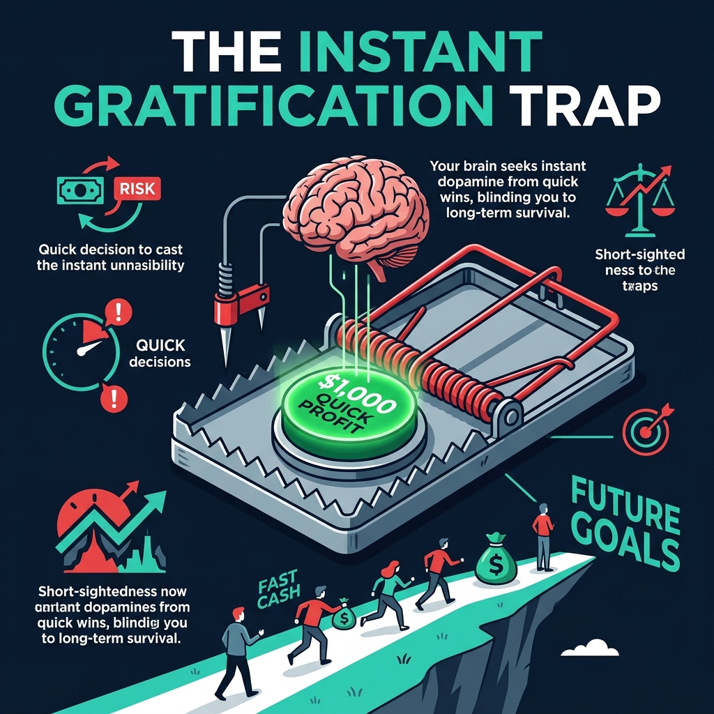 The Instant Gratification Trap showing a mouse trap with a quick profit button as bait
