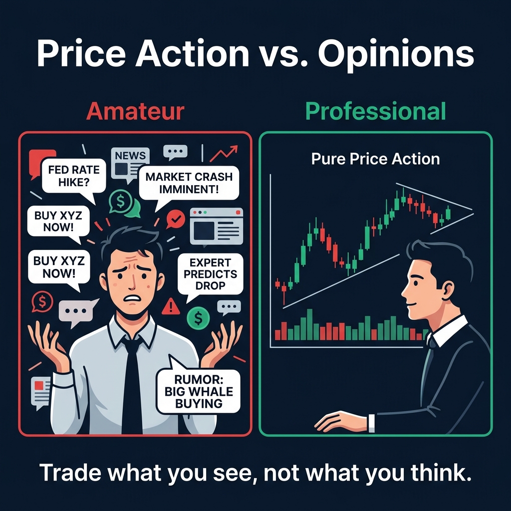 Price Action vs Opinions showing a professional trading pure price action while an amateur is confused by news and rumors