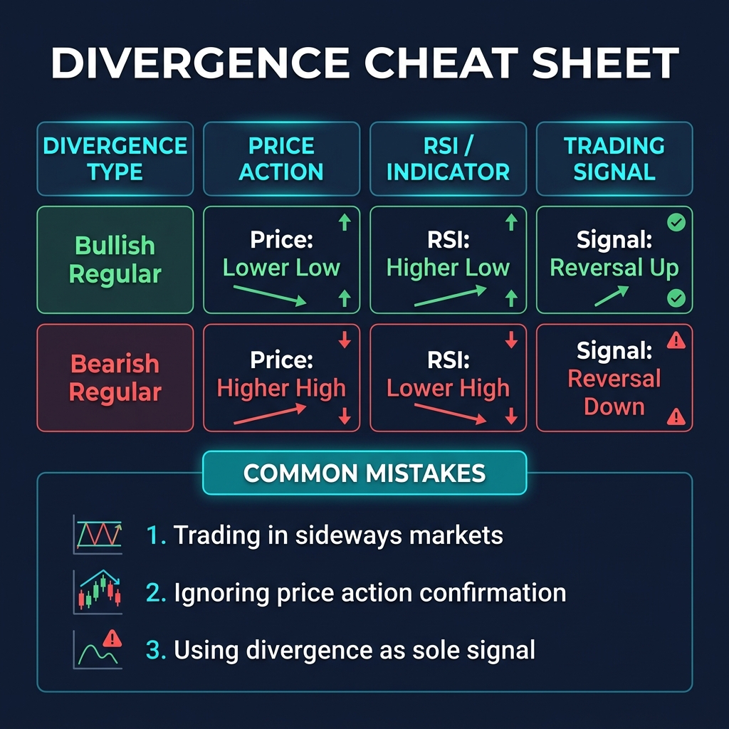 Divergence cheat sheet with common mistakes to avoid