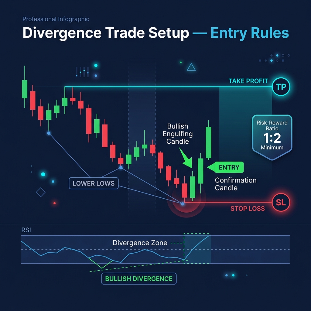 Divergence trade setup showing entry, stop loss, and take profit placement