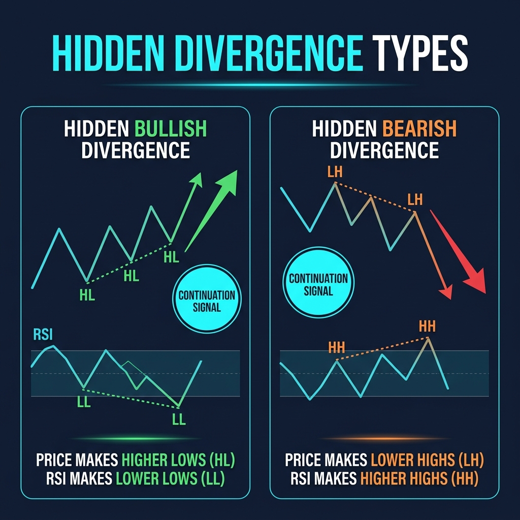 Hidden Divergence Types — Bullish and Bearish continuation signals
