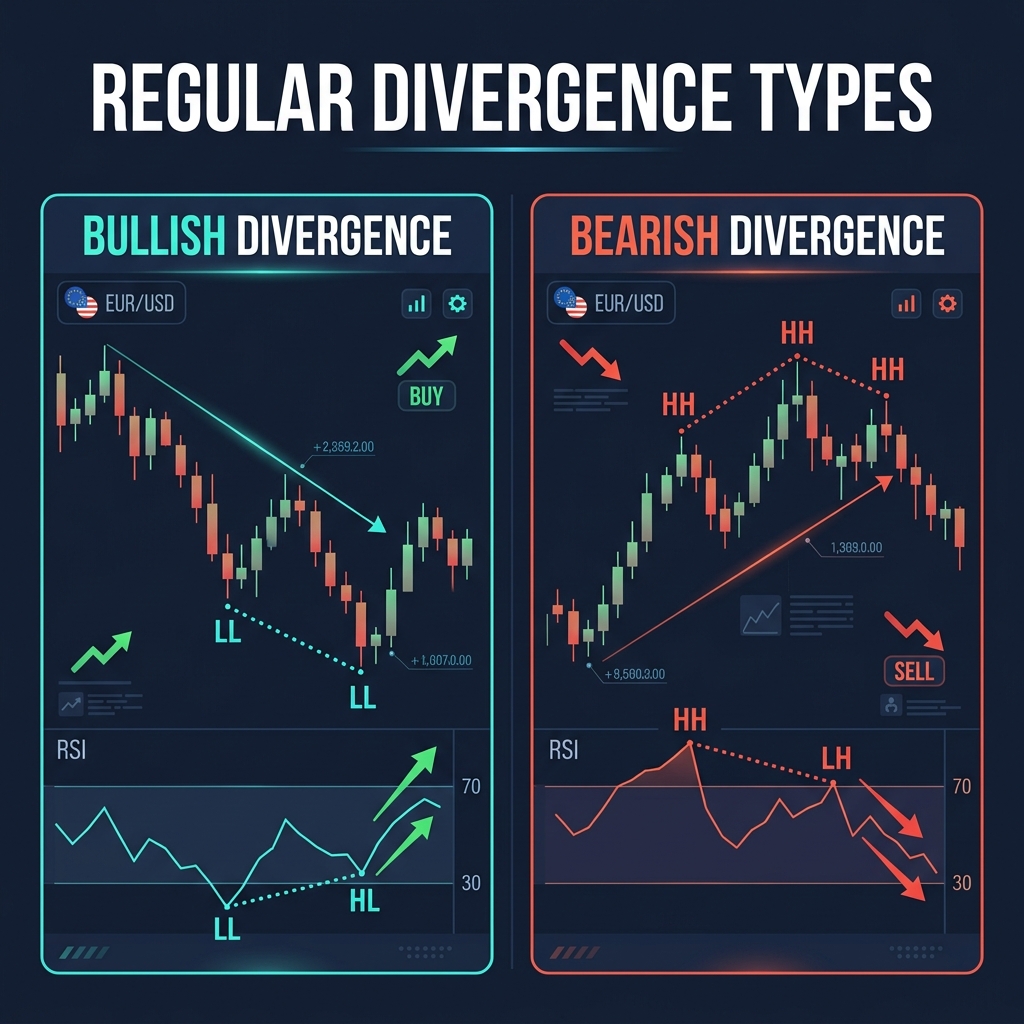 Regular Divergence Types — Bullish and Bearish divergence patterns between price and RSI