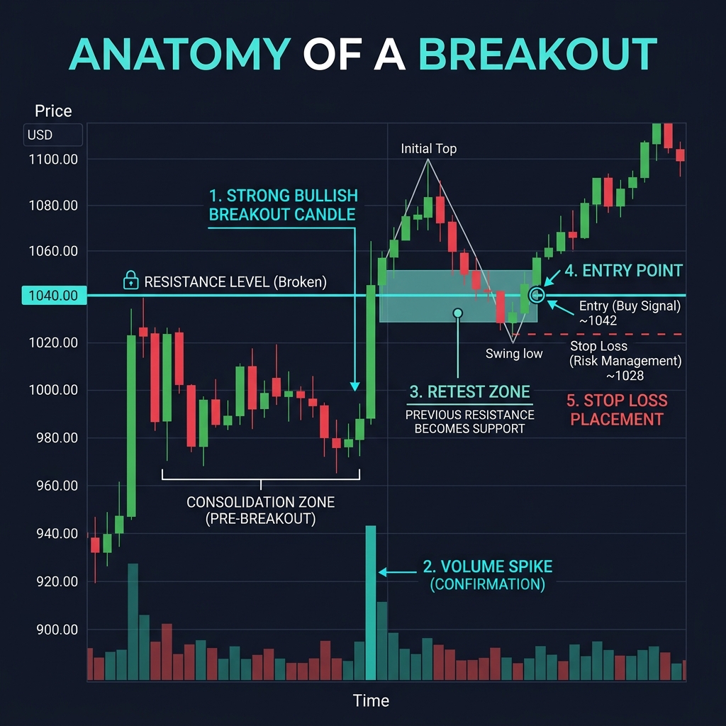 Anatomy of a breakout trade showing resistance, breakout candle, volume spike, retest, and entry