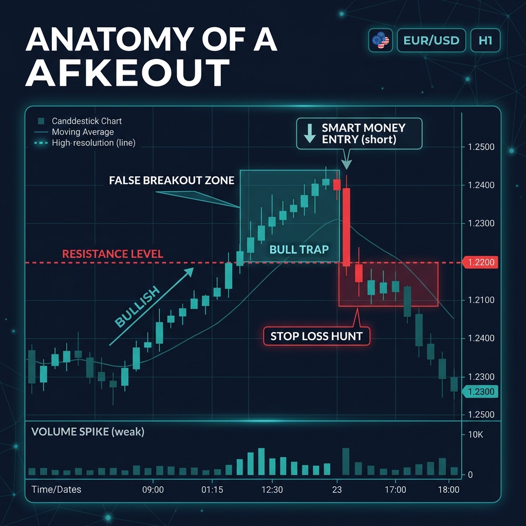 Anatomy of a fakeout — false breakout showing how price reverses after breaking through support or resistance