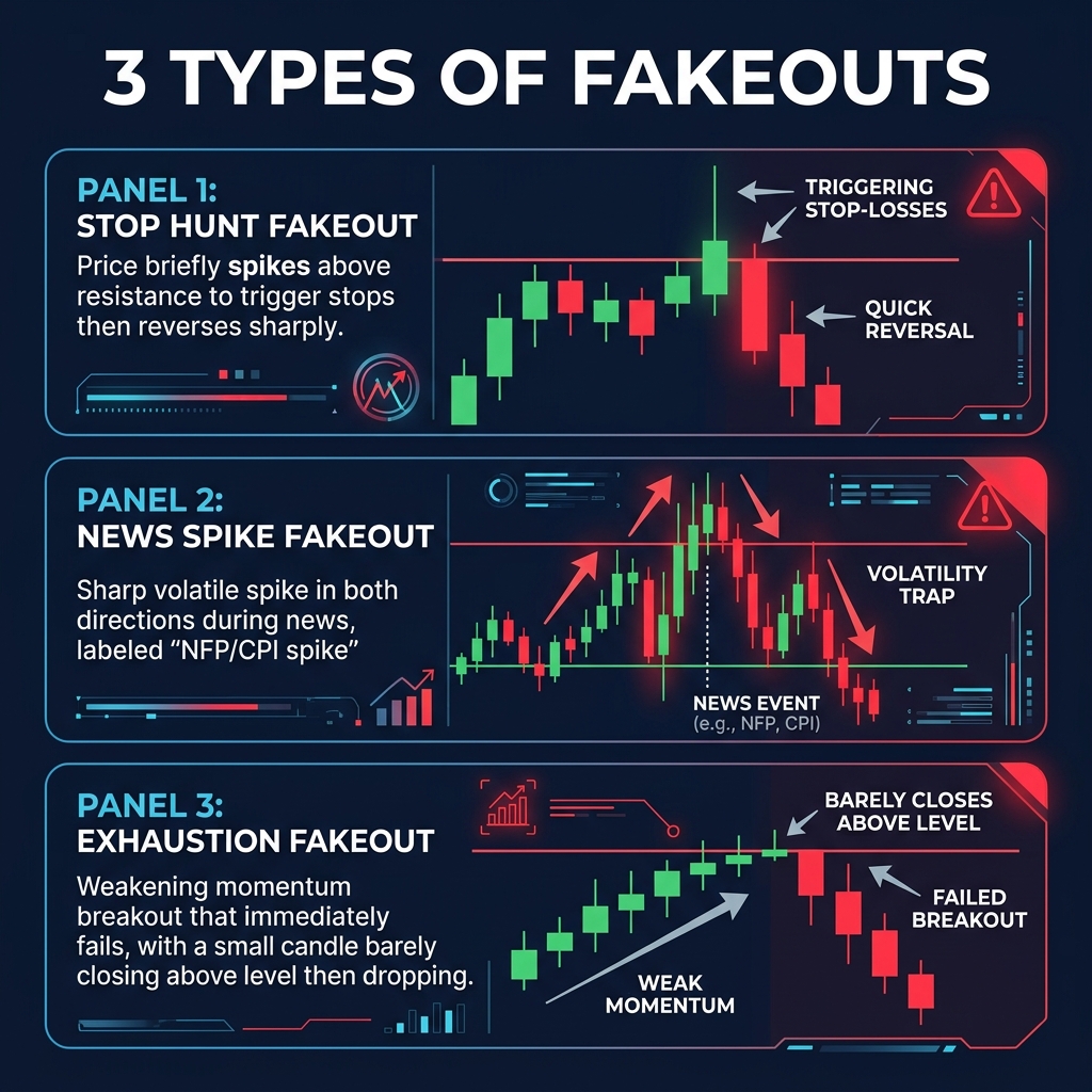 Three types of fakeouts — stop hunts, news spikes, and exhaustion moves