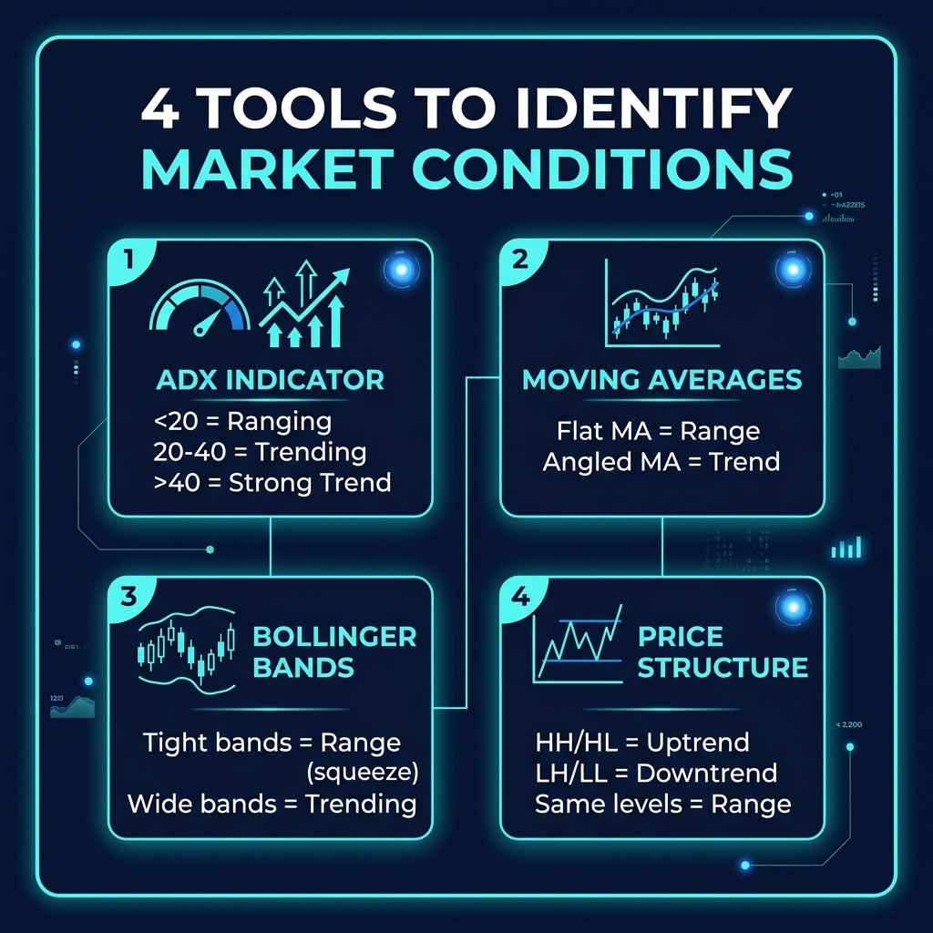 4 tools to identify trending vs ranging markets — ADX, Moving Averages, Bollinger Bands, Price Structure