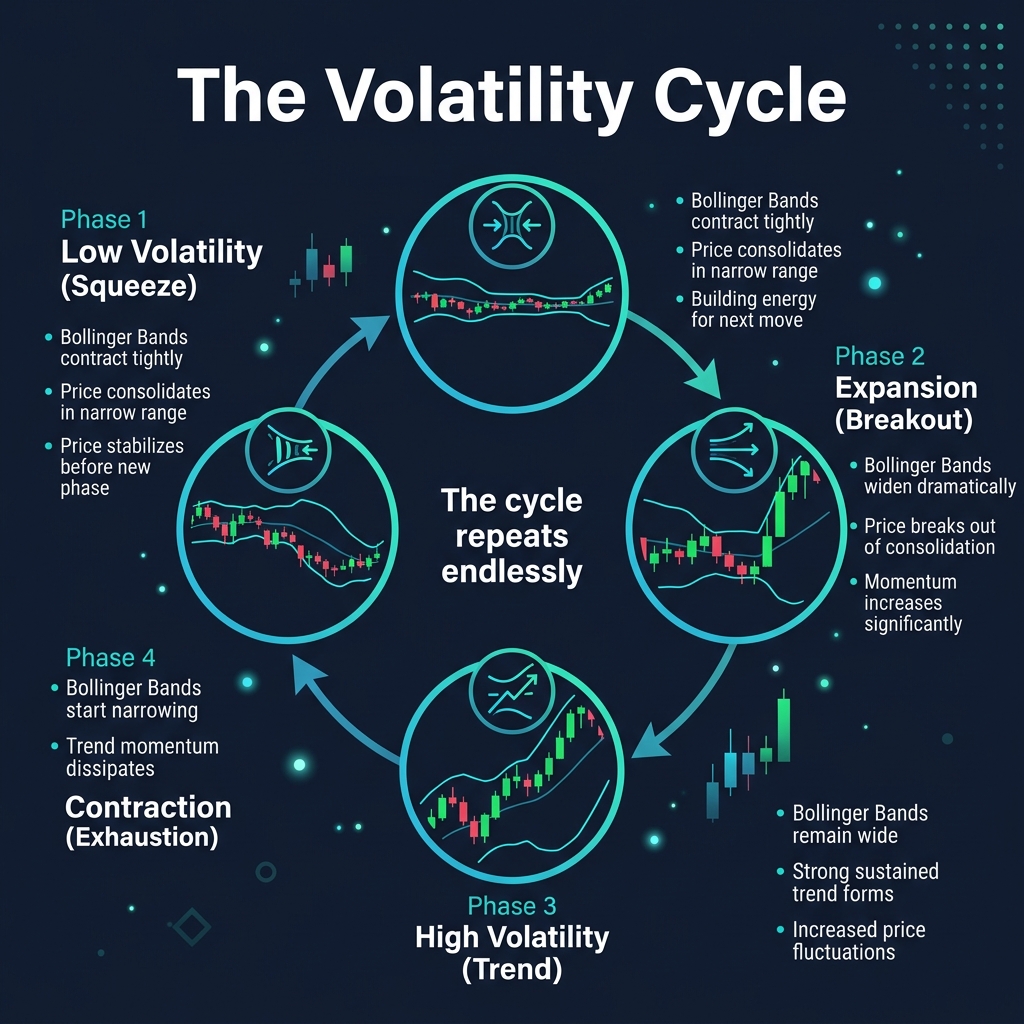 The Volatility Cycle — squeeze, expansion, high volatility, contraction