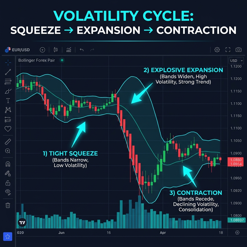 Volatility cycle showing squeeze, expansion, and contraction phases using Bollinger Bands