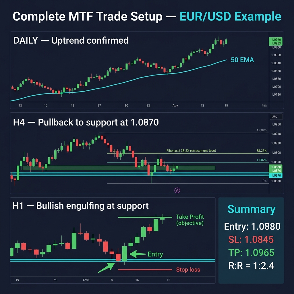 Complete MTF trade setup on EUR/USD — Daily direction, H4 setup, H1 entry