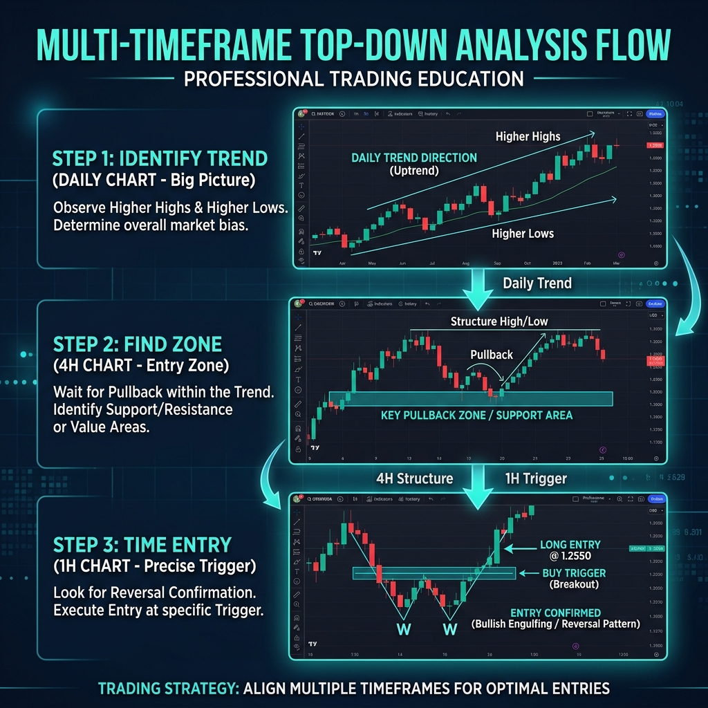 Multi-timeframe top-down analysis flow - Daily for direction, 4H for setup, 1H for entry